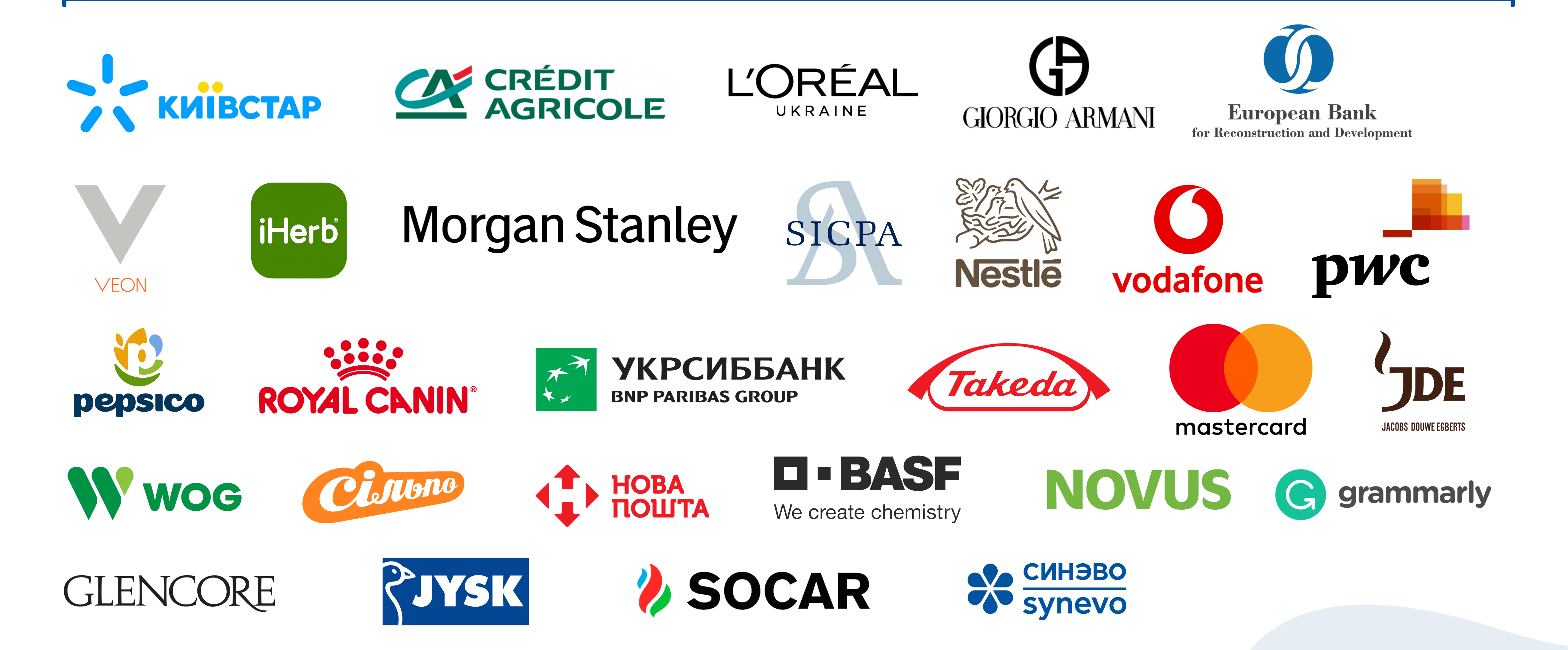 Логотипи компаній-партнерів: Київстар, Crédit Agricole, L'Oréal, Nestlé, Vodafone, PwC, Mastercard, SOCAR, JYSK, Нова Пошта та інші